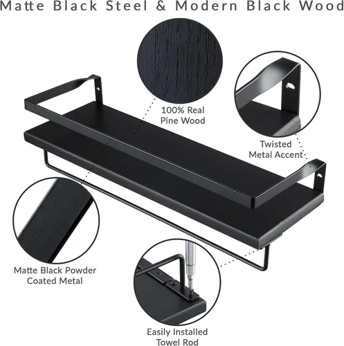 Miniatura 4 de Peter's Goods Estantes flotantes de pared con riel, grandes, color negro moderno, juego de 2 estantes con toallero - Estante de madera montado