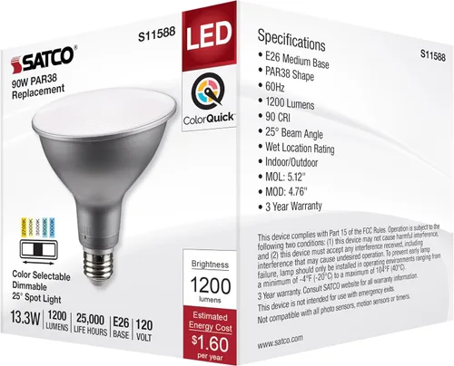 Miniatura 7 de Satco S11588; LED PAR38 de 13.3 vatios; base media; acabado plateado; CCT seleccionable; 120 voltios; ángulo de haz de 25 grados