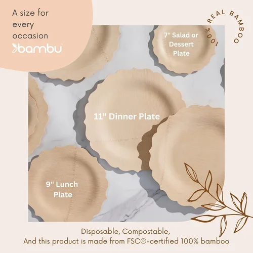 Miniatura 3 de Bambu Paquete de 8-9 Pulgadas Platos Desechables de Bambú Elegantes, Productos Ecológicos Biodegradables, Platos Desechables de Bambú para Fiestas