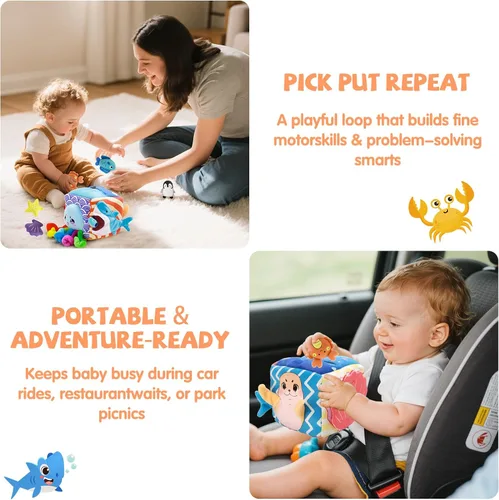 Miniatura 8 de SAIMAND Juguetes para bebés de 6 a 12 meses – Caja suave misteriosa con 5 animales marinos de peluche, sonajero, papel crujiente y espejo – Juguetes