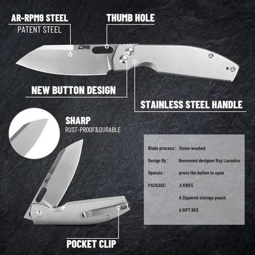 Miniatura 4 de Cuchillo de Bolsillo EDC CJRB Ekko (J1929) con Bloqueo de Botón, Cuchillo Plegable Pequeño, Hoja de Acero AR-RPM9 y Mango de Acero Inoxidable Hoja