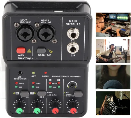 Miniatura 9 de Mezclador de audio, 2 canales, mezclador estéreo de audio USB 48 V, consola de mezcla de sonido compacta para grabación de música, karaoke en casa