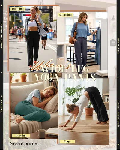 Miniatura 10 de Neer - Conjunto de 3 pantalones de yoga de pierna ancha para mujer - Pantalones deportivos cómodos, holgados, de cintura alta y casuales