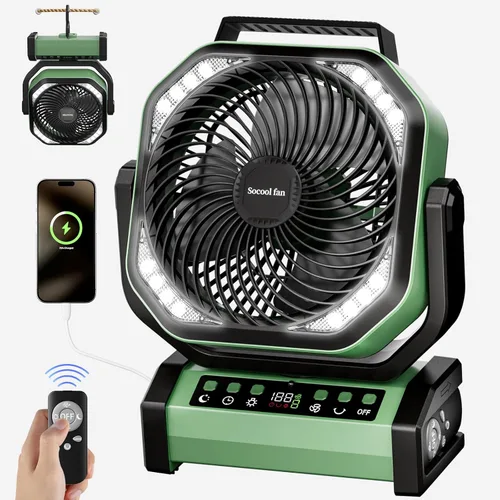 Ventilador de camping Socool con luz - ventilador con batería recargable de 20000 mAh con control remoto, 112 horas y 8 velocidades, pantalla Verde