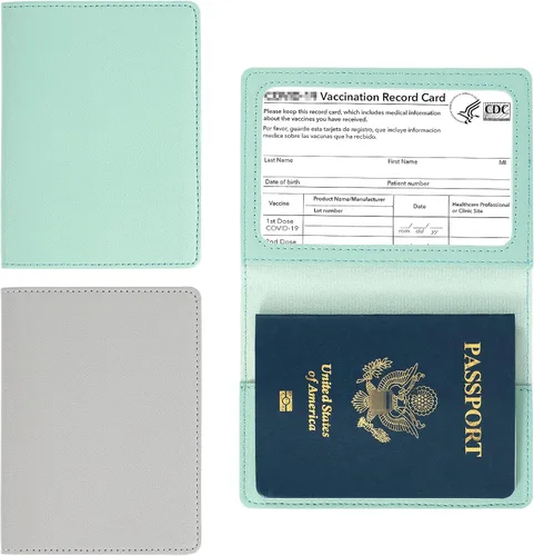 Miniatura 9 de Paquete de 2 portatarjetas de pasaporte y vacunación, de piel sintética, para pasaporte, funda protectora para vacunas, cartera de pasaporte