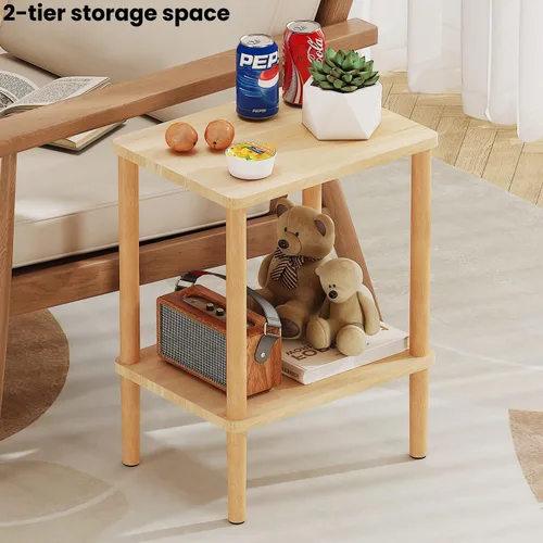 Miniatura 5 de LUCKNOCK - Mesa auxiliar de madera maciza, mesa auxiliar de 2 niveles con estante de almacenamiento, mesita de noche estrecha para espacios