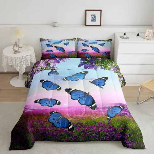 Juego de ropa de cama de mariposa azul para adultos, mujeres y niñas, juego de edredón con estampado de lavanda morado, tamaño individual, diseño de