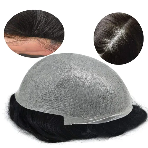 Super Thin Skin Mens Toupee 0.001 in - Sistema de cabello de piel ultrafina para hombres, cabello humano negro, marrón, rubio, gris, peluca con