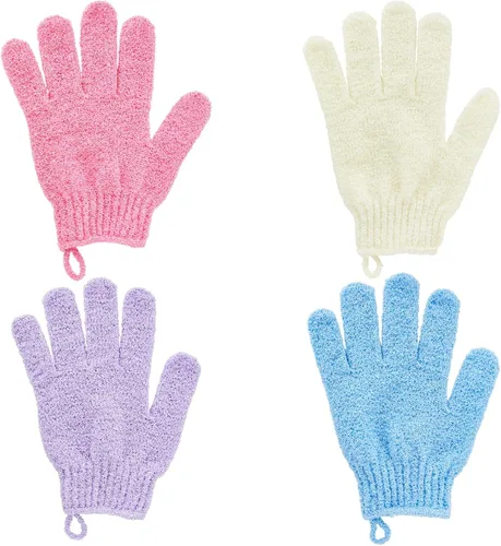 Miniatura 4 de 4 pares de guante exfoliante; exfoliante para cuerpo para Ducha y baño, guantes de esponja de lufa limpiadores en 4 colores variados para hombres