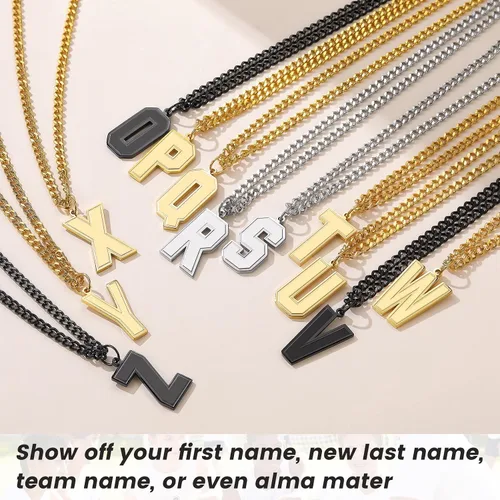 Miniatura 6 de GoldChic - Collar con letra inicial para hombre, de acero inoxidable, collar de iniciales grandes para deportistas y atletas, colgante del alfabeto