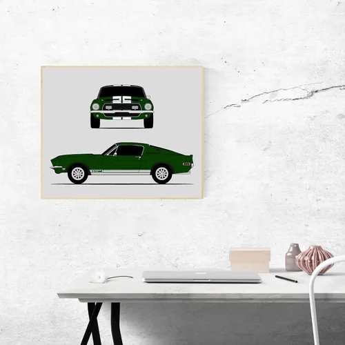 Miniatura 8 de Custom Car Posters Póster hecho a mano compatible con Ford Mustang Shelby GT500KR Cobra (1968) (frontal y lateral), decoración de pared Carroll