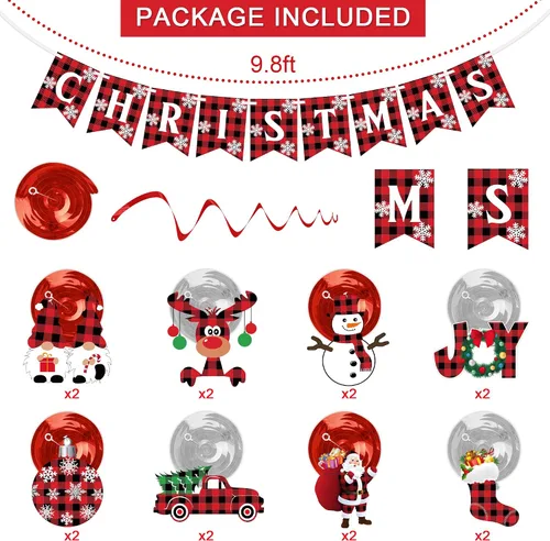 Miniatura 5 de Decoraciones Colgantes de Remolinos de Navidad - SIN DIY - Bandera de Feliz Navidad de Piqué de Búfalo, Banderines Colgantes de Techo de Navidad