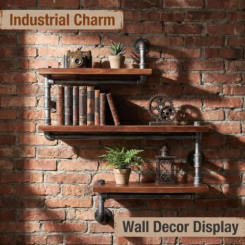 Miniatura 7 de Estantería de tubo industrial Pipe, madera moderna rústica, 3 estantes de pared de tubos escalonados, tubo de hierro forjado, estantería de diseño