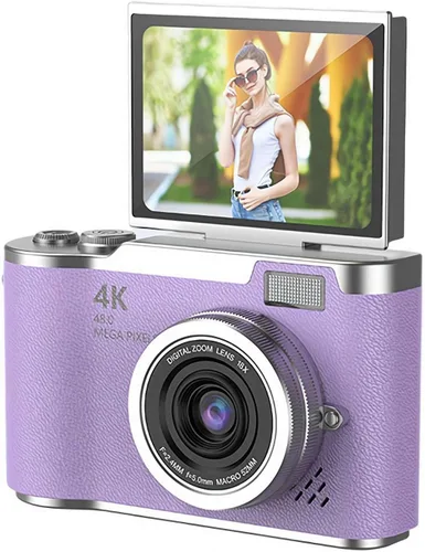 Miniatura 13 de Cámara digital 4K para fotos, cámara retro portátil con pantalla abatible, cámara retro compacta para exteriores (negro, 1 juego)