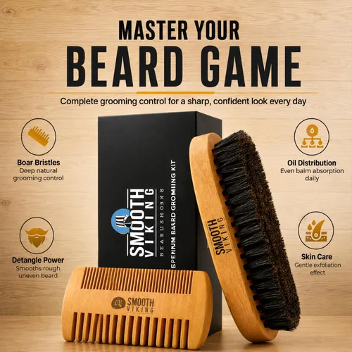 Miniatura 2 de Cepillo de barba para hombre - Con cerdas de jabalí para fácil mantenimiento - Cuidado facial, peine para cabello para el acondicionamiento, Beige