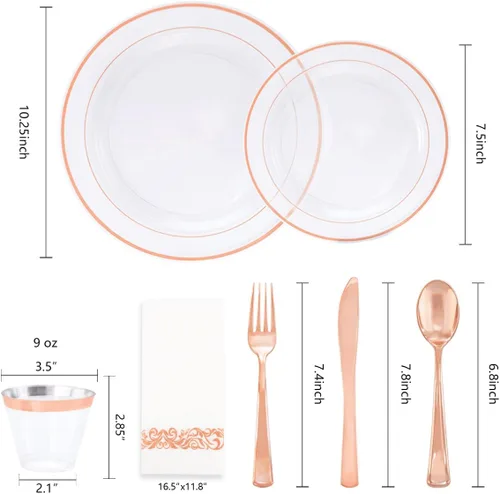 Miniatura 9 de Juego de vajilla de 350 piezas de color oro rosa de DaYammi – Incluye: 50 platos de cena de 26 cm, 50 platos de postre de 19 cm, 50 cubiertos de oro
