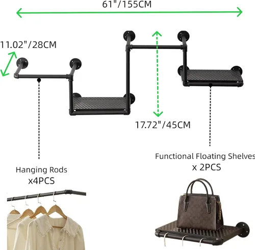 Miniatura 5 de Perchero de tubería industrial con 2 estantes flotantes, perchero de pared con 3 barras colgantes, barra de ropa de hierro resistente, rieles