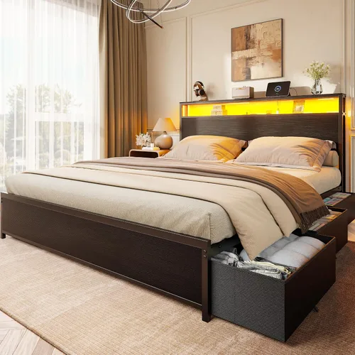 Miniatura 11 de Forestell Full Size Bed Frame with Storage Headboard & 6 Drawers, Metal Platform Bed Frame with LED Lights & Charging Station, 2 Tier Shelf Storage