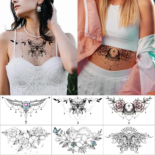 Miniatura 2 de GLARYYEARS Tatuajes temporales para debajo del busto y pecho para mujeres y niñas, paquete de 6, tatuajes falsos negros, realistas, grandes