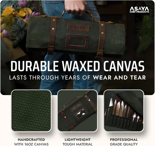 Miniatura 3 de Asaya Bolsa de lona encerada para cuchillos – Bolsa para cuchillos de chef de 15 ranuras con correas de cuero, bolsillo grande con cremallera y Verde