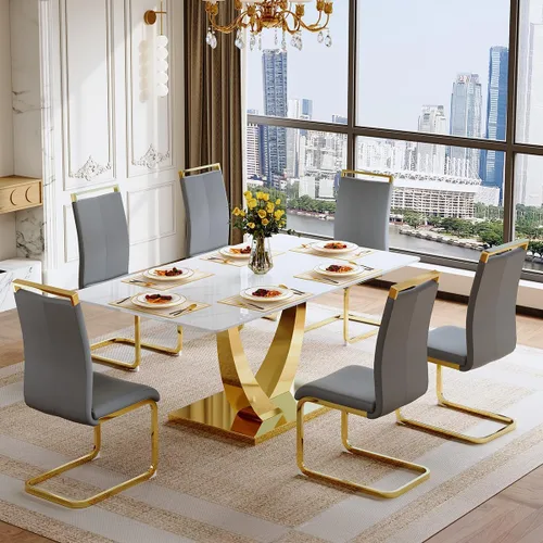 Miniatura 25 de Juego de mesa de comedor para 4, mesa de comedor de mármol sintético de 63 pulgadas con patas y base de acero inoxidable, sillas acolchadas