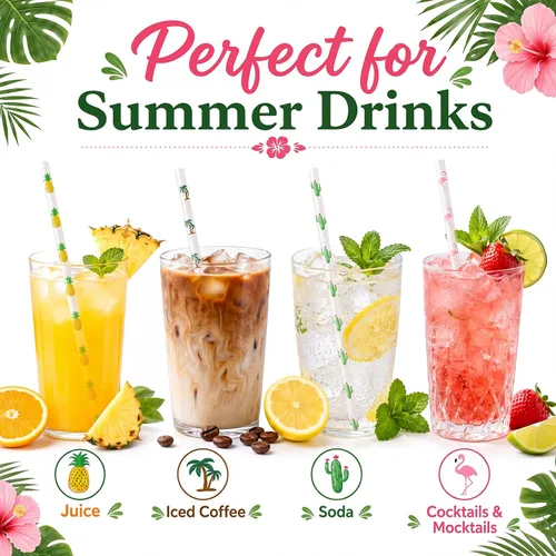 Miniatura 4 de ALINK Paquete de 100 pajitas de papel tropicales – Pajitas biodegradables de 7.75 pulgadas para fiesta de Hawaii con diseños de flamenco, piña