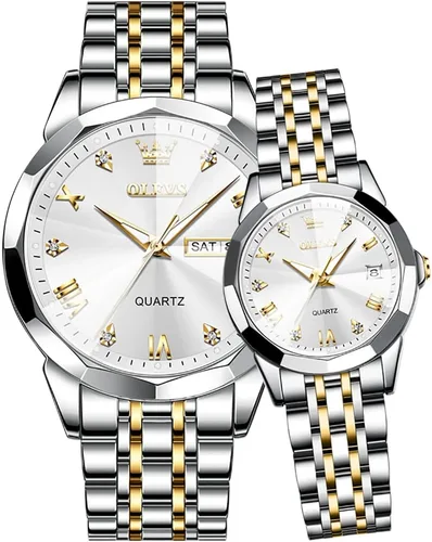Miniatura 40 de OLEVS Reloj para parejas para él y ella, reloj analógico de cuarzo para hombres y mujeres, de acero inoxidable, impermeable, luminoso, fecha, reloj