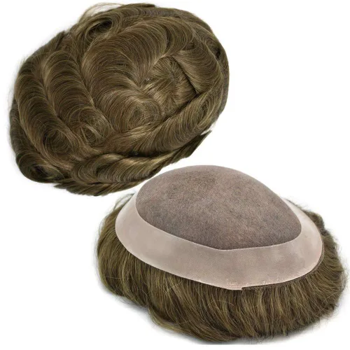 Miniatura 10 de Peluca de cabello humano monofilamento fino para hombre tipo tupé de polietileno alrededor del sistema de cabello, peluca duradera de monofilamento