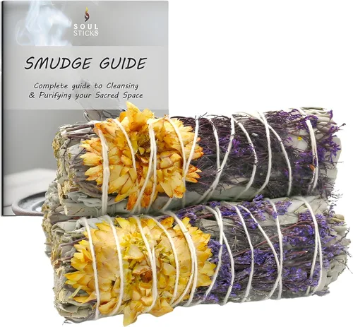Miniatura 9 de SOUL STICKS Paquete de 3 barras de salvia blanca floral con flores para limpiar el hogar, meditación, yoga, curación y manchas, California de origen