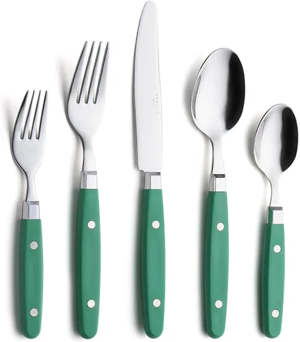 Miniatura 19 de Set de cubiertos Annova, juego retro/remachado de vajilla de acero inoxidable colorida para mesa y cocina, incluye cuchillos de cena, tenedores