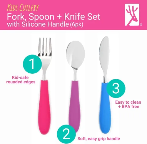 Miniatura 3 de Elk and Friends Cubiertos para niños con mango de silicona Cubiertos seguros para niños Utensilios para niños Juego de cuchara + tenedor +