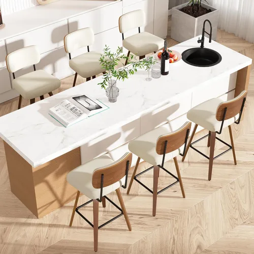 Miniatura 32 de Juego de 1 taburete de bar giratorio, taburetes de bar tapizados de 26" de altura para encimera con respaldo de nogal y patas de madera curvada