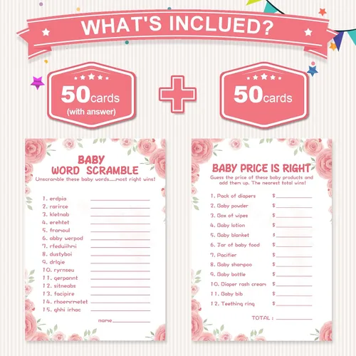 Miniatura 2 de OLOUTAB Juegos de Baby Shower para Niña - 2 Juegos (50 de Cada), Juego de Baby Shower Word Scramble y Price is Right, Doble Cara, Cartón Grueso