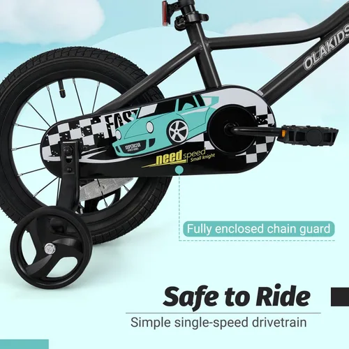 Miniatura 5 de Olakids Bicicleta para niños, 12, 14, 16, 18 pulgadas, con ruedas de entrenamiento, asiento ajustable y manillar, freno y freno de mano, bicicleta