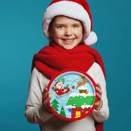 Miniatura 7 de Suministros para fiestas de Navidad – Juego de platos, servilletas y tazas de papel desechables con temática de Papá Noel de Navidad con mantel