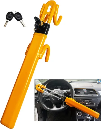 Miniatura 7 de Bloqueo de Volante Antirrobo de Alta Resistencia Seguro para Coche, Abrazadera de Longitud Ajustable, Doble Gancho, Bloqueos de Ajuste Universal Rojo
