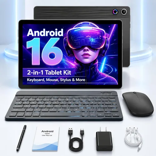 Jeazans Tablet Android 16 de 10.1 pulgadas, paquete de tableta 2 en 1 con teclado, mouse inalámbrico, lápiz capacitivo, funda de cuero, cámara