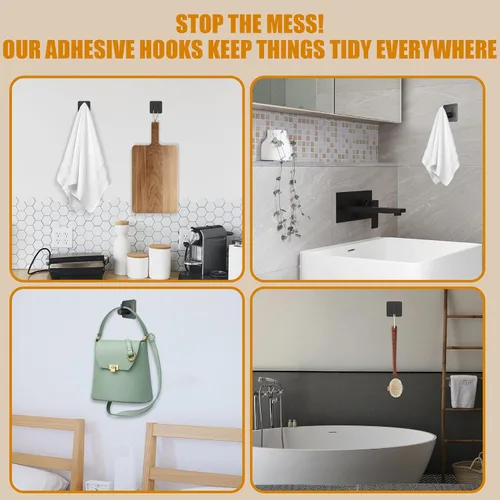 Miniatura 4 de Honmein 6 ganchos adhesivos de pared para colgar, ganchos de ducha impermeables, ganchos de toalla resistentes para baños, cocinas y oficinas (negro)