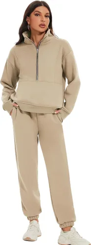 Miniatura 2 de COZYPOIN Conjunto deportivo de 2 piezas para mujer, sudadera de forro polar con cremallera media y pantalones de chándal de forro polar