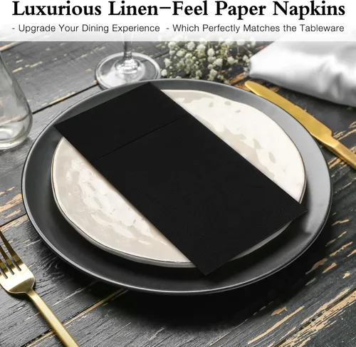 Miniatura 7 de Servilletas negras desechables con sensación de lino con bolsillo integrado para cubiertos, preplegadas para cuchillos y tenedores, servilletas