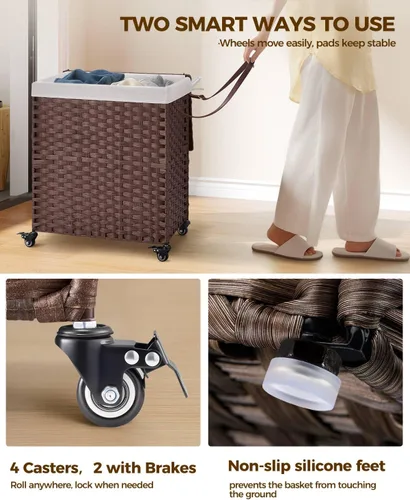 Miniatura 12 de GREENSTELL Cesta para ropa sucia con ruedas y tapa, 130 L, cesta grande de 3 secciones con 2 tipos de bolsas de forro extraíbles, 5 bolsas de malla