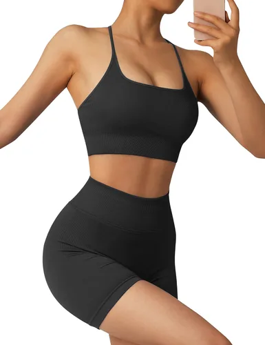 Miniatura 5 de RXRXCOCO Conjuntos de entrenamiento para mujer, 2 piezas, conjuntos de yoga acanalados, sin costuras, cintura alta, pantalones cortos con brasier