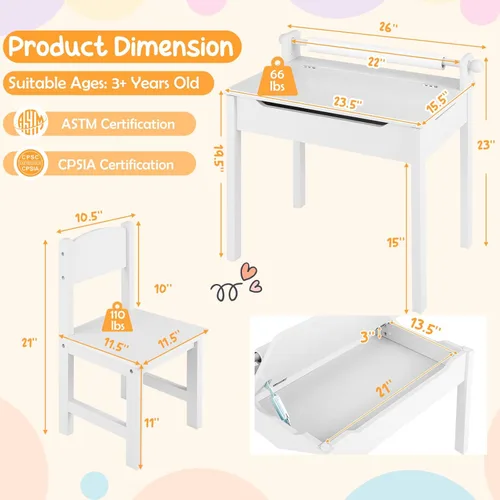 Miniatura 8 de Costzon - Juego de mesa y silla para niños, mesa de arte y manualidades con tapa abatible para cuarto de juegos, jardín de infantes, escritorio