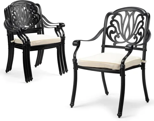 Miniatura 20 de VINGLI Juego de 2 sillas de patio apilables de aluminio fundido para exteriores con acabado negro vintage y patrón floral, sillones de metal