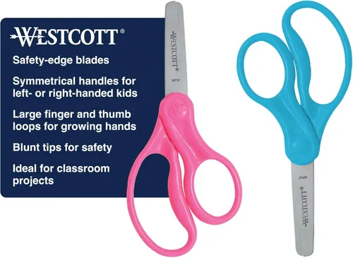 Westcott Tijeras para niños de mango duro de 5 pulgadas, romas, colores surtidos, paquete de 2