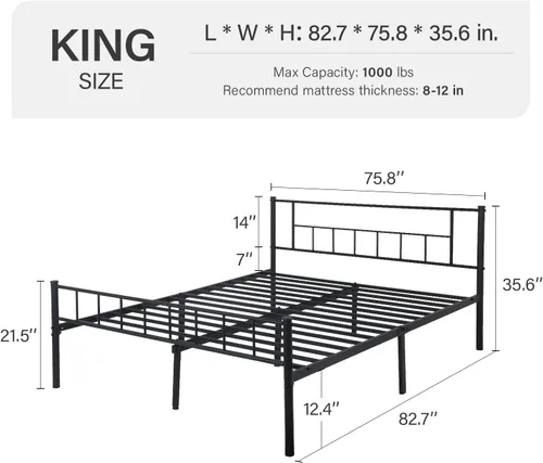 Miniatura 2 de Base de cama de plataforma de metal, base de colchón King, listones de acero resistente, soporte sin ruido con cabecera y tabla de pie, no necesita