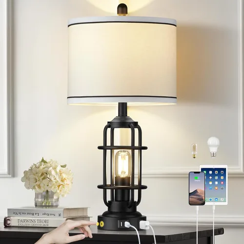 Miniatura 9 de 26" Modern Lamp for Living Room, Industrial 3-Way Dimmable Beside Table Lamp with USB A+C Charging Ports & AC Outlet, Touch Control Beside Lamp LED