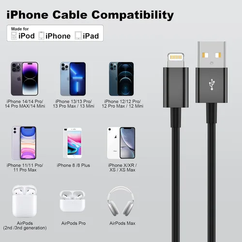 Miniatura 6 de Cveael Cable Carplay para automóvil, cable USB A a Lightning de 3 pies compatible con iPhone 14 13 12 11 Pro Max XR XS X 8 7 6 Plus SE iPad cargador