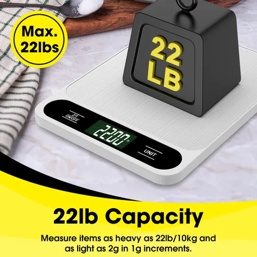 Miniatura 3 de Mik-Nana Báscula de cocina digital blanca, 22 lb/10 kg, para hornear cocinar y perder peso, graduación precisa de 0.04 oz/0.04 onzas, acero Blanco