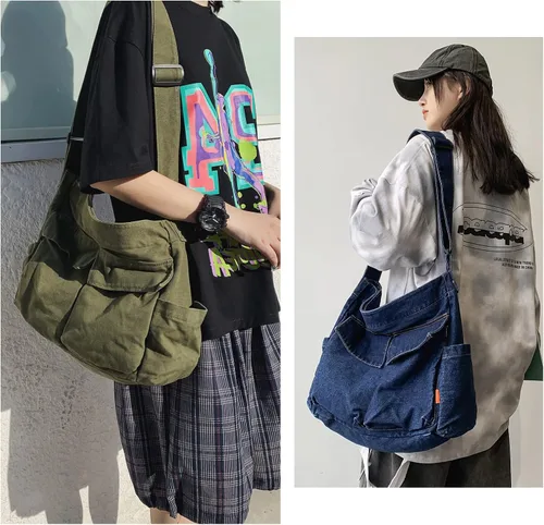 Miniatura 2 de KlaOYer Bolso bandolera de lona grande tipo hobo para la escuela, bolso bandolera con bolsillo para mujeres y hombres